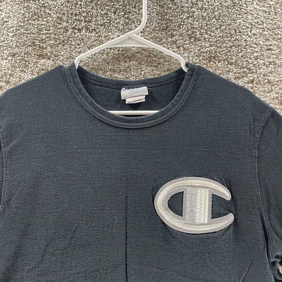 Champion Shirt Adult Large Black Big Embroidered Logo Vintage Crewneck Cotton - Picture 2 of 10